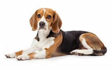 A relaxed Beagle lies down, looking content and at ease, suitable for comforting pet-related visuals.