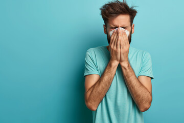 A man with a runny nose is holding a tissue to his face