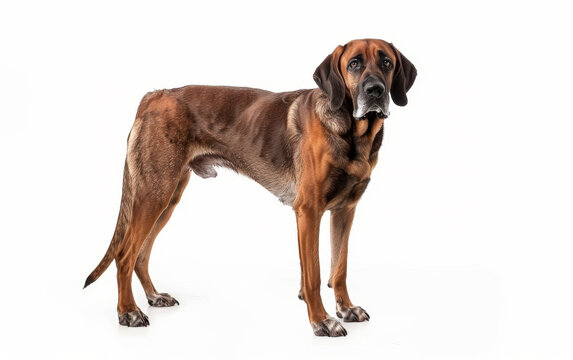 A Bavarian Mountain Hound looks directly at the camera, its soulful eyes and well-defined features presenting a stunning frontal portrait, isolated on white.