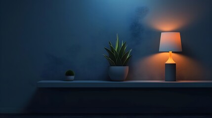 Houseplant and lamp against a blue wall minimalist decor, generative ai