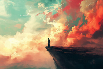 A man stands on a cliff overlooking a stormy sky - Powered by Adobe