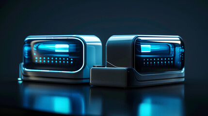 A futuristic smart toaster with holographic displays showcasing the latest technology in home appliances. The toaster has an elegant design with dark blue accents that emphasize the glowing screens
 - obrazy, fototapety, plakaty