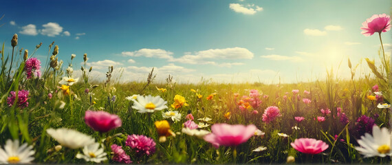 Photo real as Spring Revival A meadow bursting with spring flowers symbolizing new beginnings. in nature and landscapes theme ,for advertisement and banner ,Full depth of field, high quality ,include 