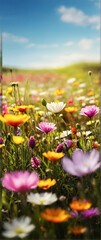 Photo real as Spring Revival A meadow bursting with spring flowers symbolizing new beginnings. in nature and landscapes theme ,for advertisement and banner ,Full depth of field, high quality ,include 