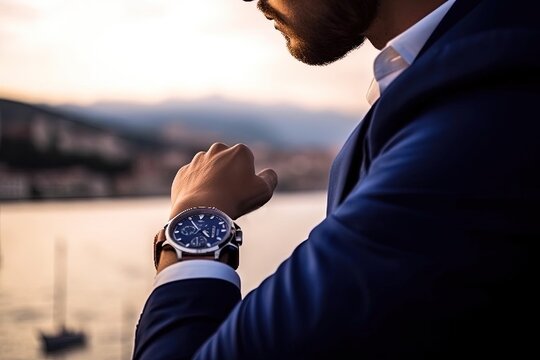 Portrait Close-Up of Person Wearing Watch and Blue Suit with Stunning View