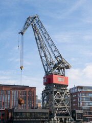 Historic old crane used in shipbuilding by the Aura river. Turku, Finland