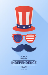 Fourth of July, Independence Day of the United States. Poster featuring a hat and sunglasses with the United States flag, and the text 'Happy Independence Da