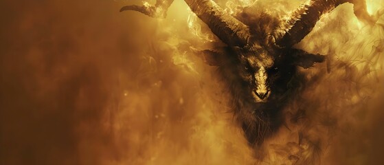 Fierce Gaze of the Horned Fiend Amidst Fiery Abyss. Concept Fantasy Portrait, Horned Creatures, Fire and Flames, Dramatic Lighting, Intense Expression - obrazy, fototapety, plakaty