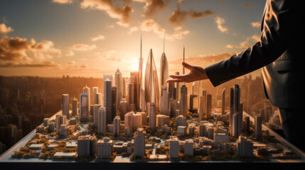 A businessman holds out his hand against the backdrop of a big city - obrazy, fototapety, plakaty