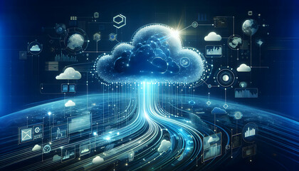 for advertisement and banner as Cloud Data Stream Visualizing a stream of data flowing from a cloud indicating continuous service. in Digital Cloud Computing background theme ,Full depth of field, hig