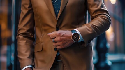 A sharp and tailored men's suit in a modern slim fit, paired with a crisp dress shirt and silk tie, accessorized with leather oxford shoes and a sleek watch, projecting confidence and sophistication.