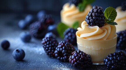 dessert di Vanilla panna cotta with black berries delicious - obrazy, fototapety, plakaty