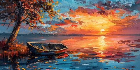 a boat on water with a sunset