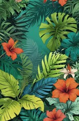 Vibrant tropical red hibiscus flowers amidst lush monstera leaves