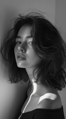 Naklejka premium Moody Black and White Aesthetic Grainy Portrait of Sensual Fashionable Young Woman. Retro Vibe Female Model Trendy Photo. 