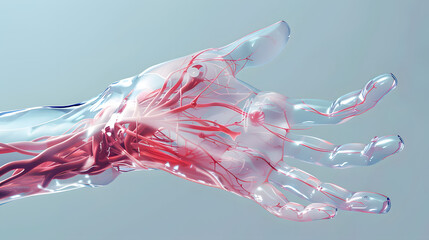 A transparent hand with veins and capillaries is shown
