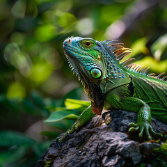 Vivid Green Iguana Perched on Rock, Tropical Wildlife