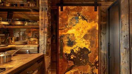  a rusted metal door in a rustic kitchen with wooden shelves and a large pot on the side of the door.