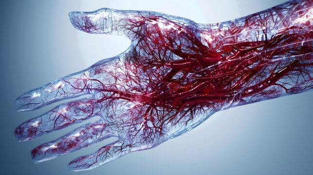 A transparent hand with veins and capillaries is shown