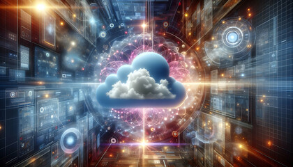 for advertisement and banner as Quantum Cloud Quantum computing elements merge with cloud imagery for a futuristic look. in Digital Cloud Computing background theme ,Full depth of field, high quality 