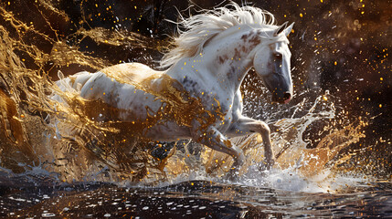 A white horse with golden mane and tail