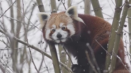  a close up of a red panda in a tree with snow on it's branches and looking at the camera.
