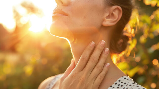 Sore throat. Close-up woman hand and neck. Throat pain. Medicine for sore throat with natural herbal ingredients.