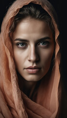 Portrait of a woman with a orange headscarf - obrazy, fototapety, plakaty