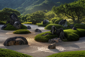 Postcard of traditional Japanese rock garden, idea for poster or postcard, concept of prospering nature on earth day - obrazy, fototapety, plakaty