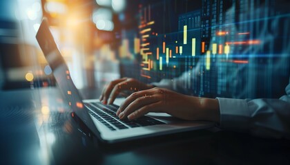 Businessman trader investor analyst using laptop device app analytics for cryptocurrency financial market analysis, trading data index chart graph overlays.