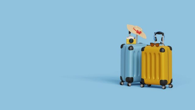 Time to travel concept. Vacation and travel concept on blue background with suitcases and travel accessories. Copy space for text inscription. 4K 3D animation