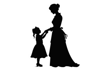 Mother and daughter Silhouette Vector, Mom and girl black Silhouette isolated on a white background