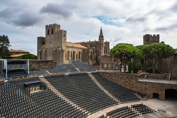 Empty seats in an outdoor theatre for a show in the walled city of Carcassonne in France - 778392722