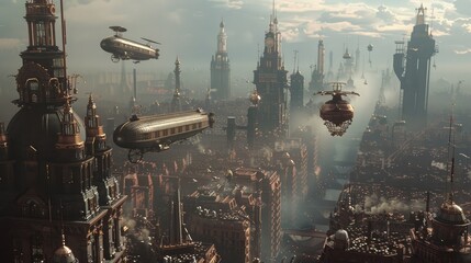 A steampunk-inspired cityscape bustling with activity, where towering clockwork towers and brass contraptions dominate the skyline, 