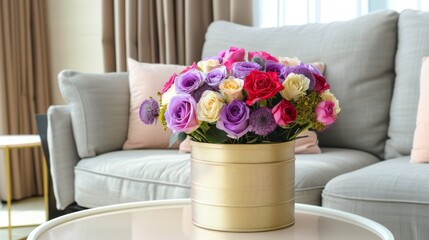  a bouquet of colorful roses in a gold vase on a table in front of a couch in a living room.