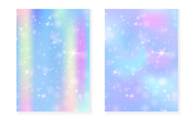 Rainbow background with kawaii princess gradient. Magic unicorn hologram. Holographic fairy set. Trendy fantasy cover. Rainbow background with sparkles and stars for cute girl party invitation.