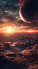 Sunrise over an extraterrestrial horizon, outer space elements, first light, panoramic, fantasy.