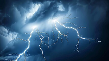  a picture of a lightning storm in the sky with a blue sky and clouds in the background and a dark blue sky with white clouds.