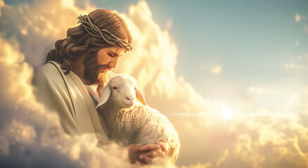 Jesus Christ with a lamb in heaven god