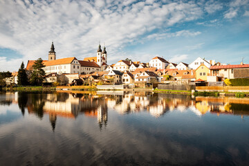 Fototapeta na wymiar Telc town with lake on foreground, Czech Republic, Europe