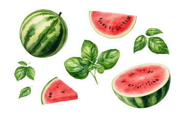 Set of watercolour illustrations of fresh watermelon and basil leaves isolated on a transparent background. Botanical image perfect for design, cards, poster, textile, menu.
