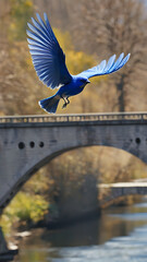 Imagine a serene scene with a blue bird gracefully perched on a branch, surrounded by a vibrant display of nature's colors and wildlife