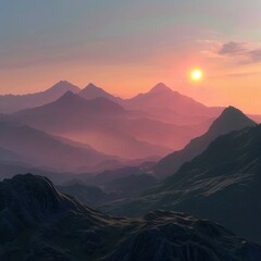 Sunset over majestic mountain peaks.