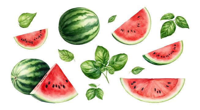 Set of watercolour illustrations of fresh watermelon and basil leaves isolated on a transparent background. Botanical image perfect for design, cards, poster, textile, menu.