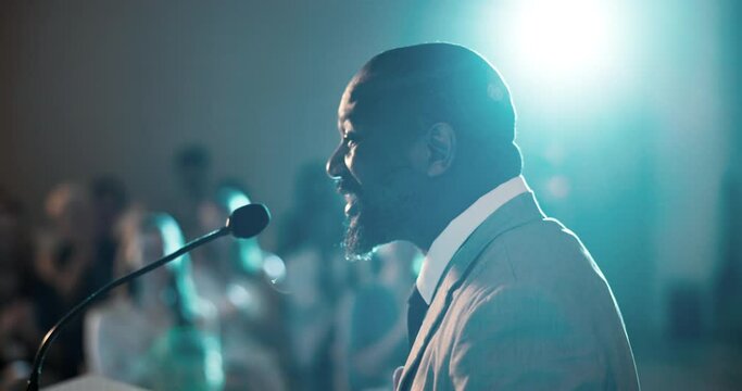 Speech, applause and businessman talking for business meeting, convention and workshop in conference room with audience. Male person, corporate worker and ceo giving keynote address or presentation