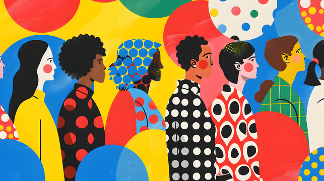 An illustration of diverse people in an abstract patterned background with large circles and polka dots in bright colors like reds