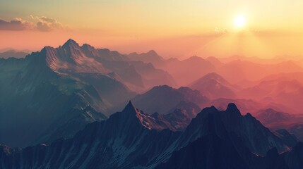 Sunset over majestic mountain peaks. - obrazy, fototapety, plakaty