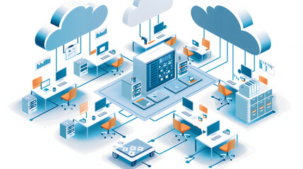 An isometric view of an office space with desks and computers connected in the style of cloud technology symbols forming lines around the room