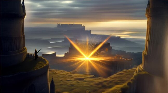 A wizard on the balcony of a magic tower repelling a dragon attack on the tower amidst a landscape of ruined battlements