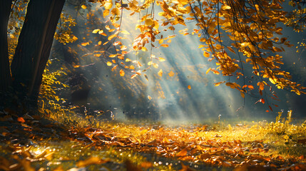 Autumn landscape with golden leaves and rays of sunlight
